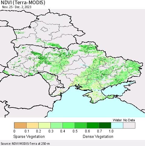 Ukraine, Moldova and Belarus NDVI (Terra-MODIS) Thematic Map For 11/25/2023 - 12/2/2023