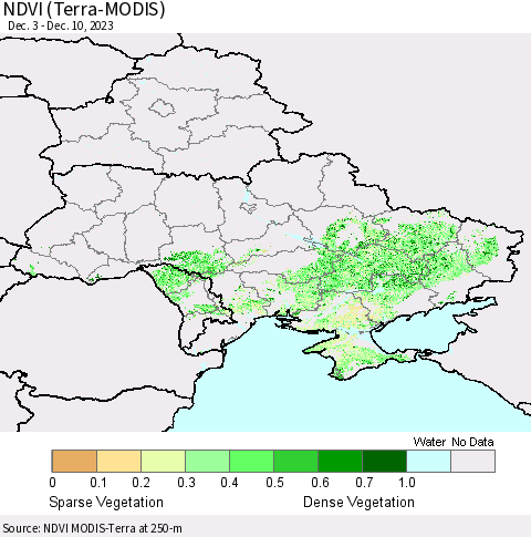 Ukraine, Moldova and Belarus NDVI (Terra-MODIS) Thematic Map For 12/1/2023 - 12/10/2023