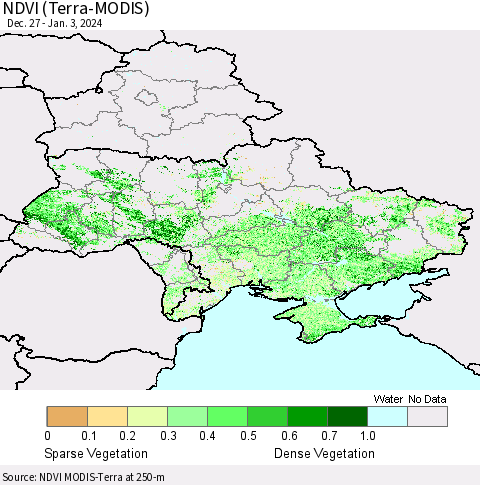 Ukraine, Moldova and Belarus NDVI (Terra-MODIS) Thematic Map For 12/27/2023 - 1/3/2024