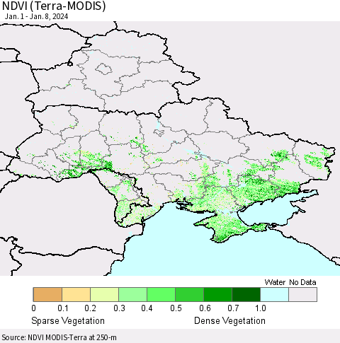 Ukraine, Moldova and Belarus NDVI (Terra-MODIS) Thematic Map For 1/1/2024 - 1/8/2024