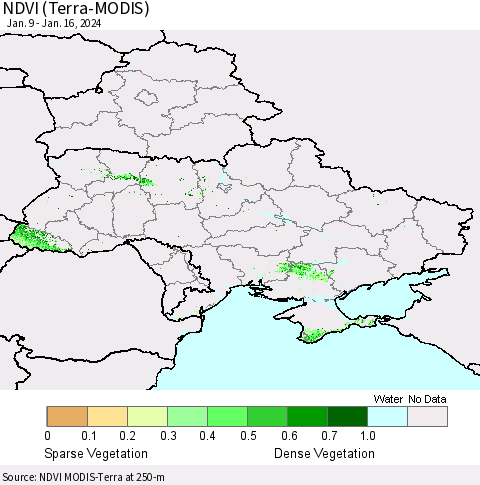 Ukraine, Moldova and Belarus NDVI (Terra-MODIS) Thematic Map For 1/9/2024 - 1/16/2024