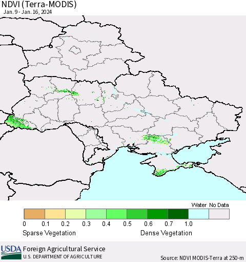 Ukraine, Moldova and Belarus NDVI (Terra-MODIS) Thematic Map For 1/11/2024 - 1/20/2024