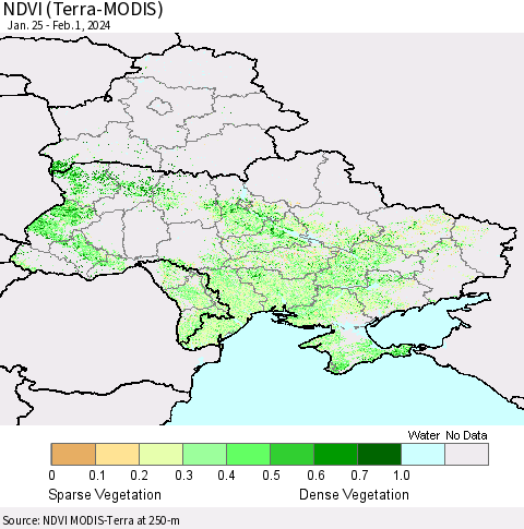 Ukraine, Moldova and Belarus NDVI (Terra-MODIS) Thematic Map For 1/25/2024 - 2/1/2024