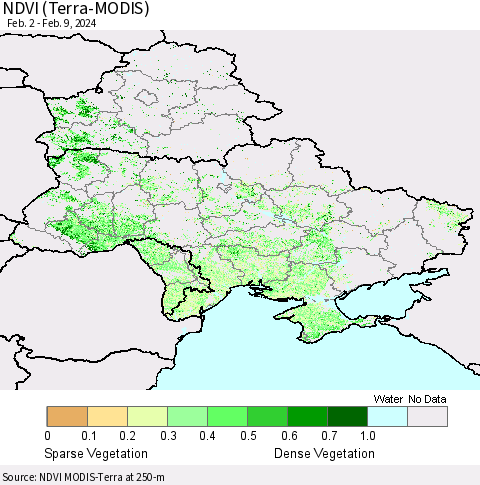 Ukraine, Moldova and Belarus NDVI (Terra-MODIS) Thematic Map For 2/2/2024 - 2/9/2024