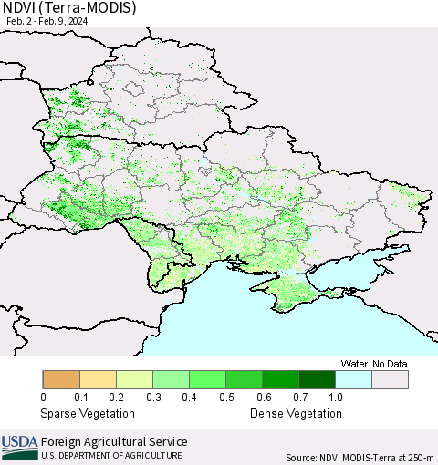 Ukraine, Moldova and Belarus NDVI (Terra-MODIS) Thematic Map For 2/1/2024 - 2/10/2024