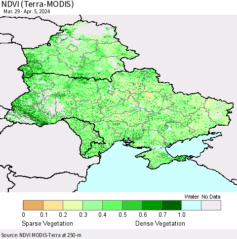 Ukraine, Moldova and Belarus NDVI (Terra-MODIS) Thematic Map For 3/29/2024 - 4/5/2024