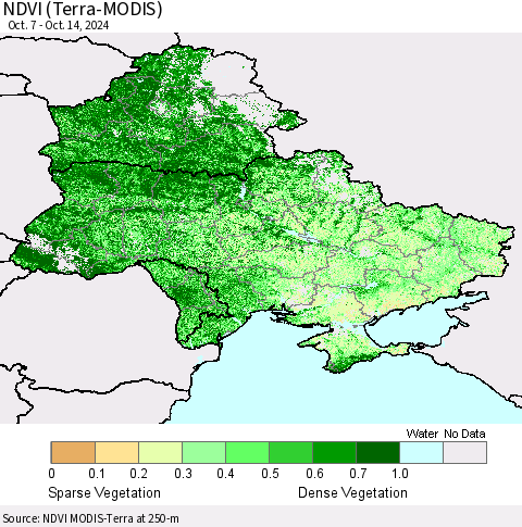 Ukraine, Moldova and Belarus NDVI (Terra-MODIS) Thematic Map For 10/7/2024 - 10/14/2024