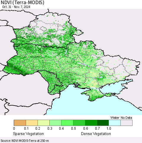 Ukraine, Moldova and Belarus NDVI (Terra-MODIS) Thematic Map For 10/31/2024 - 11/7/2024