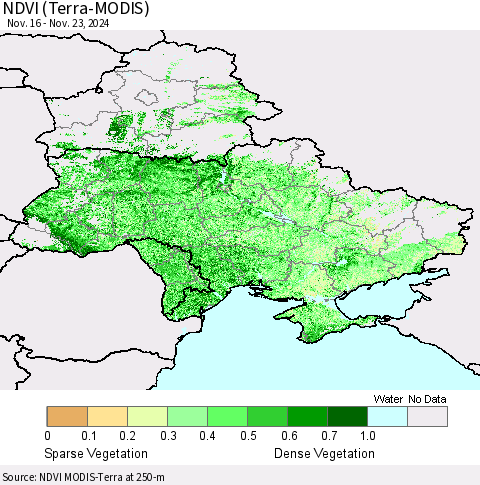 Ukraine, Moldova and Belarus NDVI (Terra-MODIS) Thematic Map For 11/16/2024 - 11/23/2024