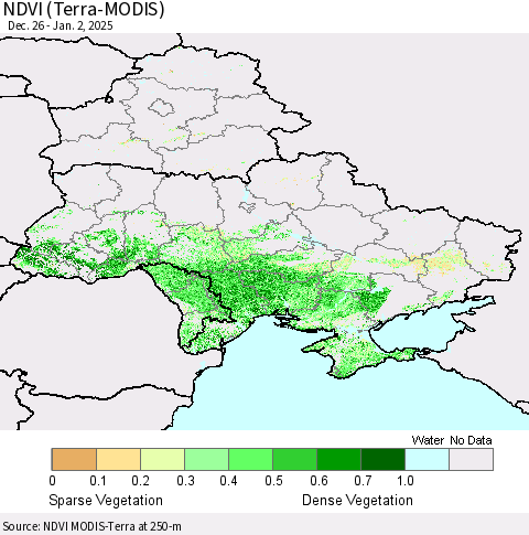 Ukraine, Moldova and Belarus NDVI (Terra-MODIS) Thematic Map For 12/26/2024 - 1/2/2025