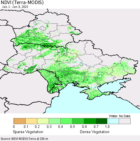 Ukraine, Moldova and Belarus NDVI (Terra-MODIS) Thematic Map For 1/1/2025 - 1/8/2025