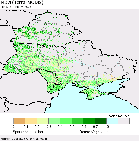 Ukraine, Moldova and Belarus NDVI (Terra-MODIS) Thematic Map For 2/18/2025 - 2/25/2025