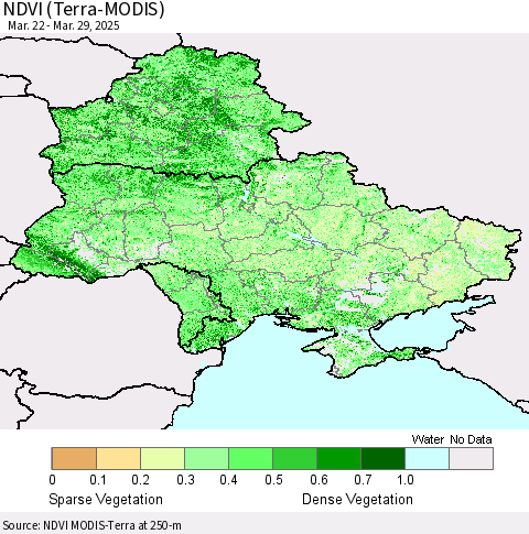 Ukraine, Moldova and Belarus NDVI (Terra-MODIS) Thematic Map For 3/22/2025 - 3/29/2025