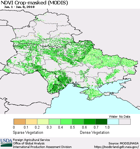 Ukraine, Moldova and Belarus Cropland NDVI (Terra-MODIS) Thematic Map For 1/1/2018 - 1/10/2018