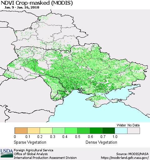 Ukraine, Moldova and Belarus Cropland NDVI (Terra-MODIS) Thematic Map For 1/11/2018 - 1/20/2018