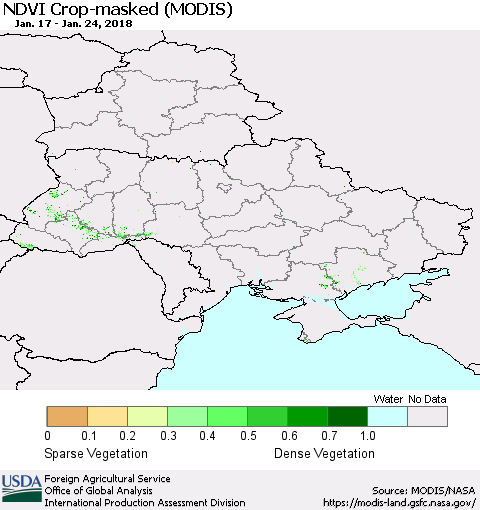 Ukraine, Moldova and Belarus Cropland NDVI (Terra-MODIS) Thematic Map For 1/21/2018 - 1/31/2018