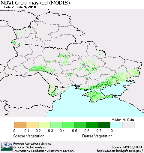 Ukraine, Moldova and Belarus Cropland NDVI (Terra-MODIS) Thematic Map For 2/1/2018 - 2/10/2018