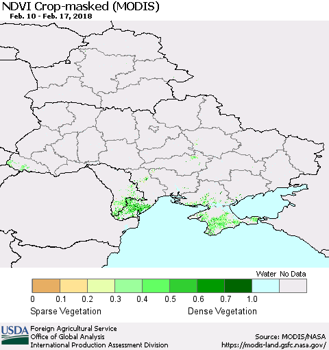 Ukraine, Moldova and Belarus Cropland NDVI (Terra-MODIS) Thematic Map For 2/11/2018 - 2/20/2018