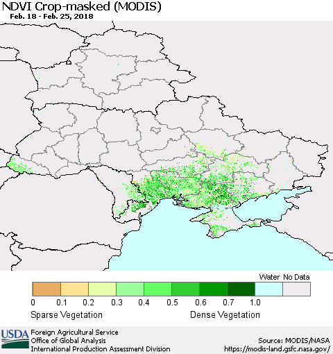 Ukraine, Moldova and Belarus Cropland NDVI (Terra-MODIS) Thematic Map For 2/21/2018 - 2/28/2018