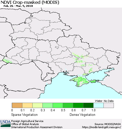 Ukraine, Moldova and Belarus Cropland NDVI (Terra-MODIS) Thematic Map For 3/1/2018 - 3/10/2018