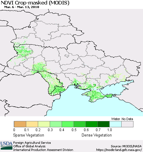 Ukraine, Moldova and Belarus Cropland NDVI (Terra-MODIS) Thematic Map For 3/11/2018 - 3/20/2018