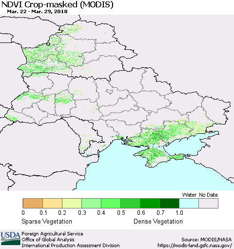 Ukraine, Moldova and Belarus Cropland NDVI (Terra-MODIS) Thematic Map For 3/21/2018 - 3/31/2018