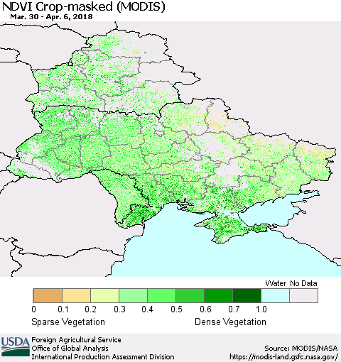 Ukraine, Moldova and Belarus Cropland NDVI (Terra-MODIS) Thematic Map For 4/1/2018 - 4/10/2018