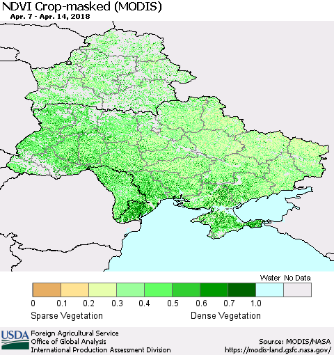 Ukraine, Moldova and Belarus Cropland NDVI (Terra-MODIS) Thematic Map For 4/11/2018 - 4/20/2018