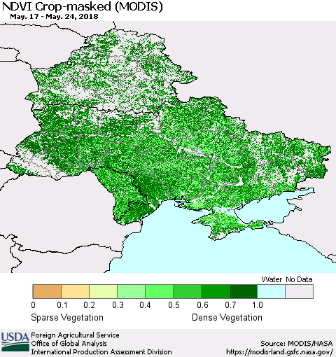 Ukraine, Moldova and Belarus Cropland NDVI (Terra-MODIS) Thematic Map For 5/21/2018 - 5/31/2018