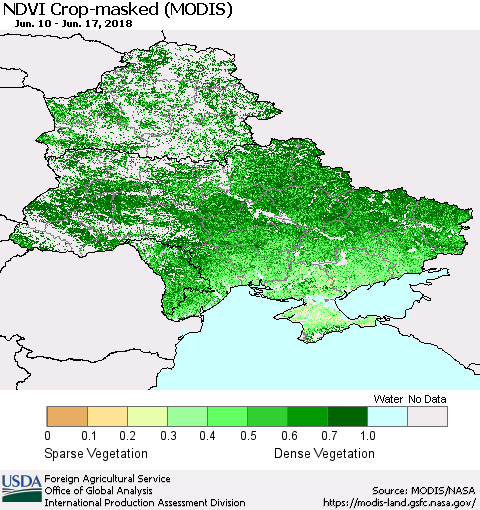 Ukraine, Moldova and Belarus Cropland NDVI (Terra-MODIS) Thematic Map For 6/11/2018 - 6/20/2018