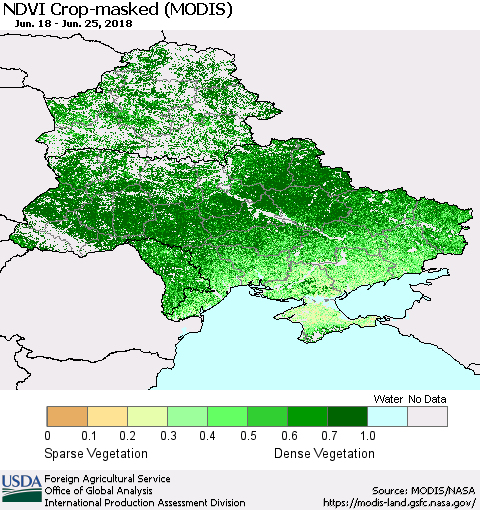 Ukraine, Moldova and Belarus Cropland NDVI (Terra-MODIS) Thematic Map For 6/21/2018 - 6/30/2018