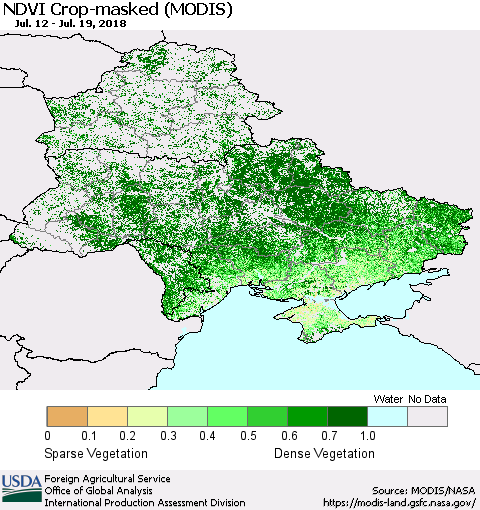Ukraine, Moldova and Belarus Cropland NDVI (Terra-MODIS) Thematic Map For 7/11/2018 - 7/20/2018