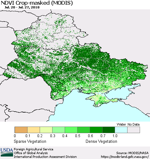 Ukraine, Moldova and Belarus Cropland NDVI (Terra-MODIS) Thematic Map For 7/21/2018 - 7/31/2018