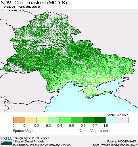Ukraine, Moldova and Belarus Cropland NDVI (Terra-MODIS) Thematic Map For 8/21/2018 - 8/31/2018
