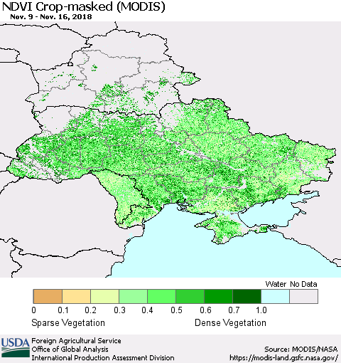 Ukraine, Moldova and Belarus Cropland NDVI (Terra-MODIS) Thematic Map For 11/11/2018 - 11/20/2018