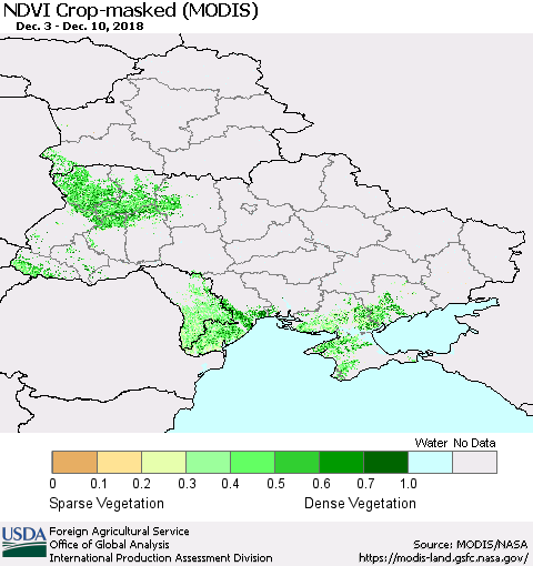Ukraine, Moldova and Belarus Cropland NDVI (Terra-MODIS) Thematic Map For 12/1/2018 - 12/10/2018