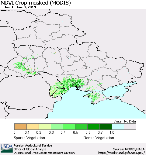 Ukraine, Moldova and Belarus Cropland NDVI (Terra-MODIS) Thematic Map For 1/1/2019 - 1/10/2019