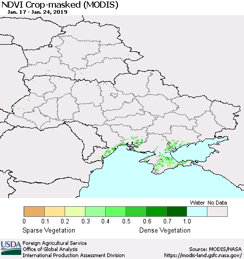 Ukraine, Moldova and Belarus Cropland NDVI (Terra-MODIS) Thematic Map For 1/21/2019 - 1/31/2019