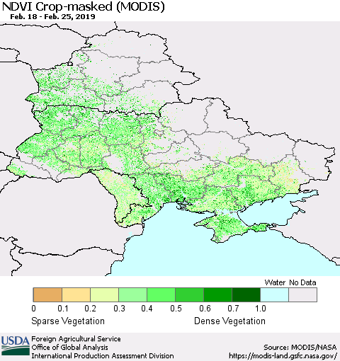Ukraine, Moldova and Belarus Cropland NDVI (Terra-MODIS) Thematic Map For 2/21/2019 - 2/28/2019