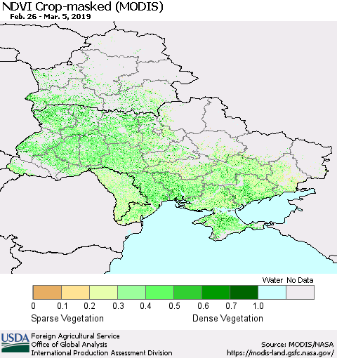 Ukraine, Moldova and Belarus Cropland NDVI (Terra-MODIS) Thematic Map For 3/1/2019 - 3/10/2019