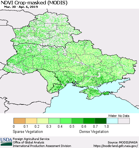 Ukraine, Moldova and Belarus Cropland NDVI (Terra-MODIS) Thematic Map For 4/1/2019 - 4/10/2019