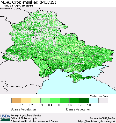 Ukraine, Moldova and Belarus Cropland NDVI (Terra-MODIS) Thematic Map For 4/21/2019 - 4/30/2019