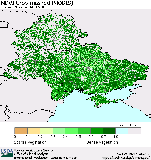 Ukraine, Moldova and Belarus Cropland NDVI (Terra-MODIS) Thematic Map For 5/21/2019 - 5/31/2019