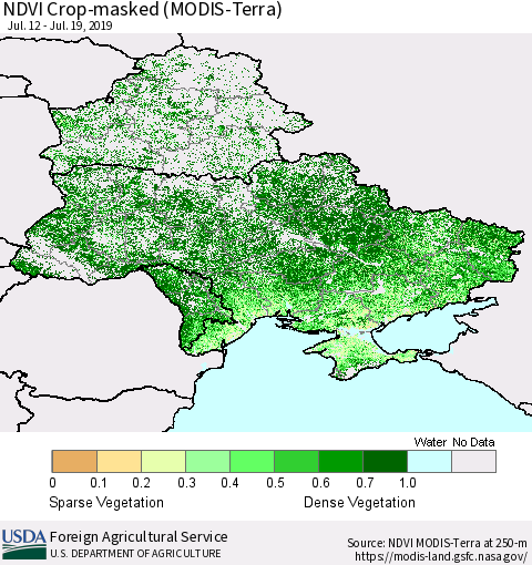Ukraine, Moldova and Belarus Cropland NDVI (Terra-MODIS) Thematic Map For 7/11/2019 - 7/20/2019