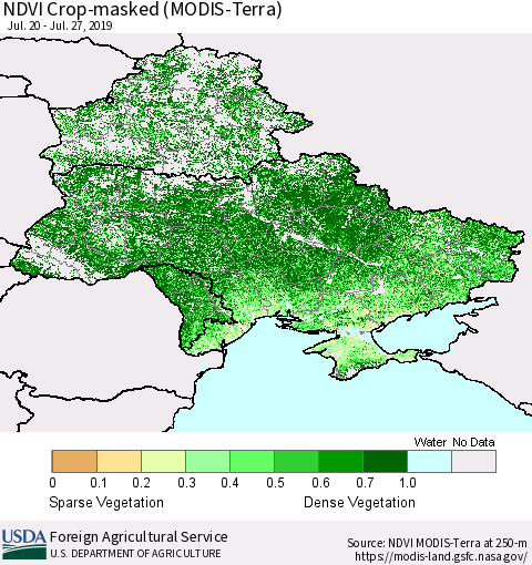 Ukraine, Moldova and Belarus Cropland NDVI (Terra-MODIS) Thematic Map For 7/21/2019 - 7/31/2019