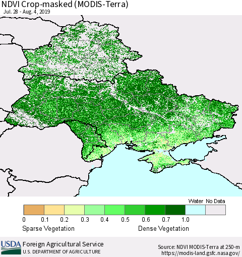 Ukraine, Moldova and Belarus Cropland NDVI (Terra-MODIS) Thematic Map For 8/1/2019 - 8/10/2019