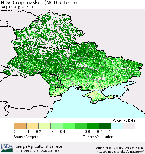 Ukraine, Moldova and Belarus Cropland NDVI (Terra-MODIS) Thematic Map For 8/11/2019 - 8/20/2019