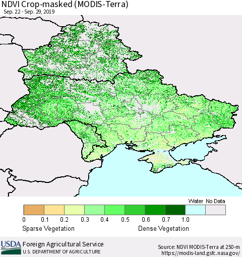 Ukraine, Moldova and Belarus Cropland NDVI (Terra-MODIS) Thematic Map For 9/21/2019 - 9/30/2019