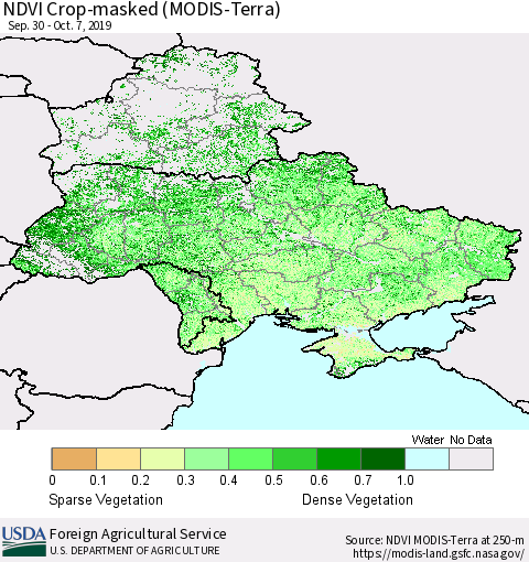 Ukraine, Moldova and Belarus Cropland NDVI (Terra-MODIS) Thematic Map For 10/1/2019 - 10/10/2019