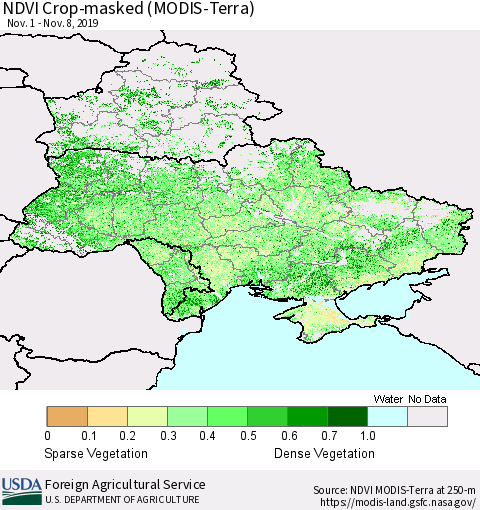 Ukraine, Moldova and Belarus Cropland NDVI (Terra-MODIS) Thematic Map For 11/1/2019 - 11/10/2019